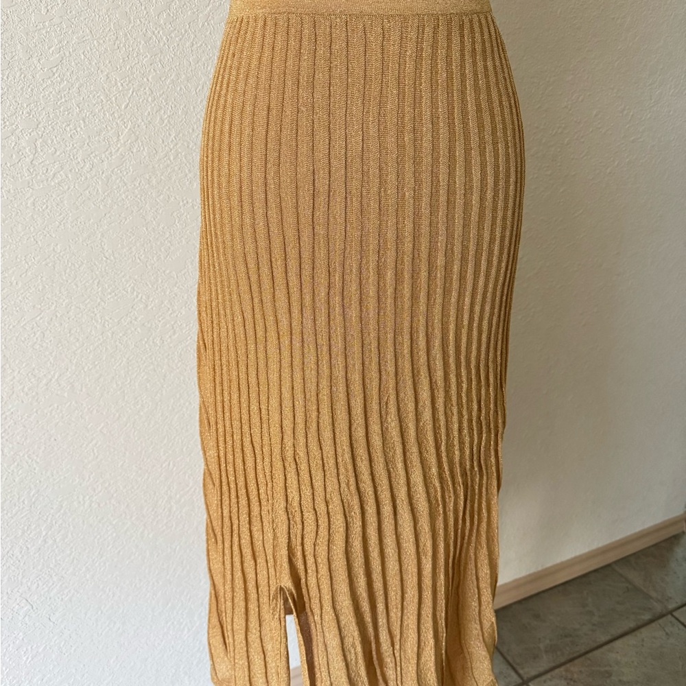 Sandro Paris Metallic Gold Pleated Midi Skirt Size 4‎ FR36 Shimmer Party Holiday - Picture 5 of 8